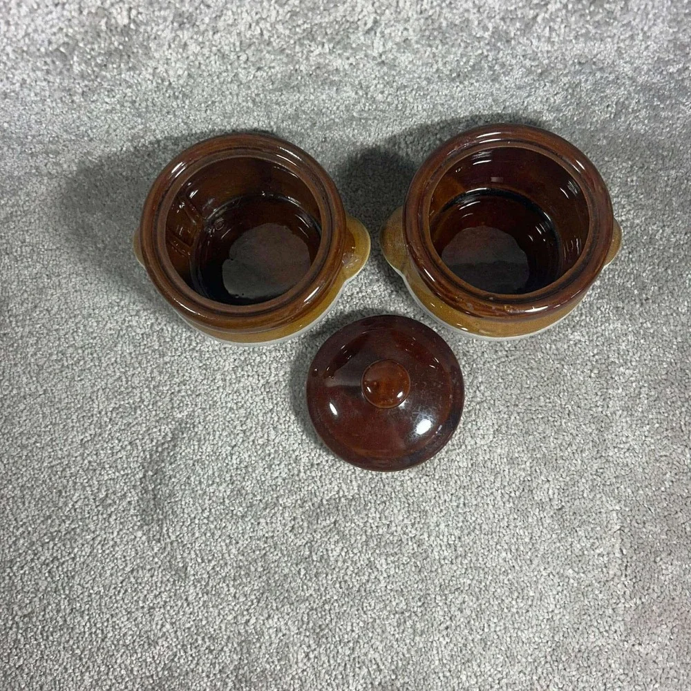 Bean Pot Brown Tan Cream Stoneware Mini Crocks Set of 2 with 1 Lid